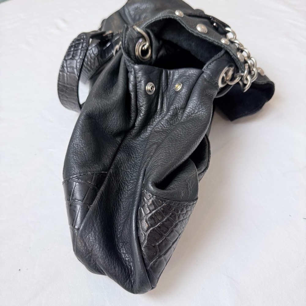 Vintage LEATHEROCK USA Black Pebbled Leather Jewel Studded Rocker Hobo Y2K Biker - Picture 8 of 16